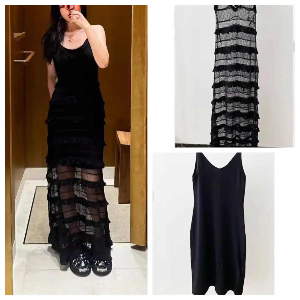 

Two Pieces Set Women Lace Hollow Out Perspective Dress Summer New Ladies Sleeveless Slim Sling Knitted Robe
