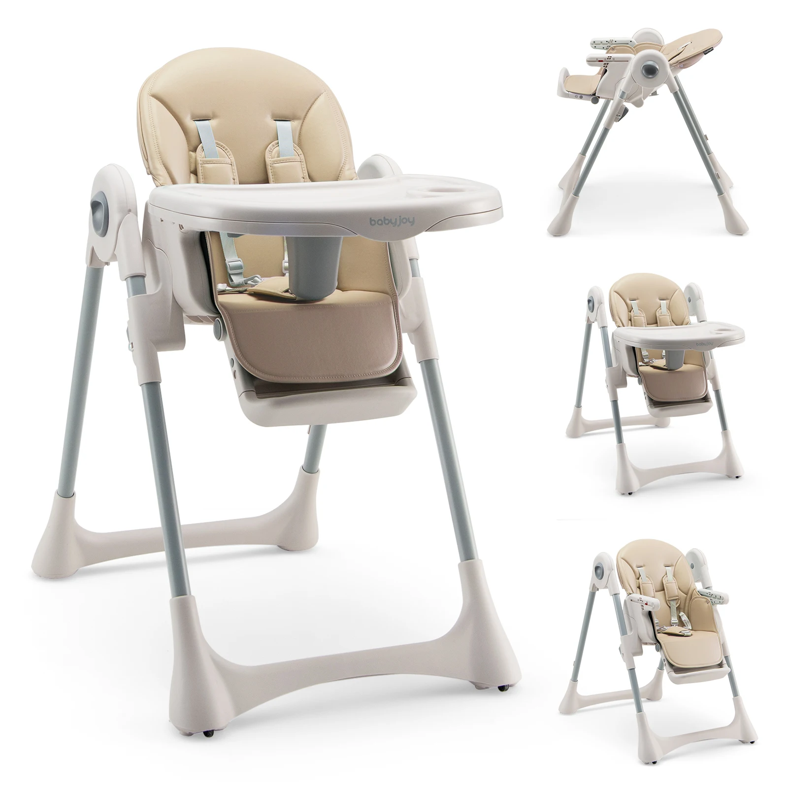 Baby High Chair with 7 Height & 3 Footrest Adjustable Cup holder 2 Wheels