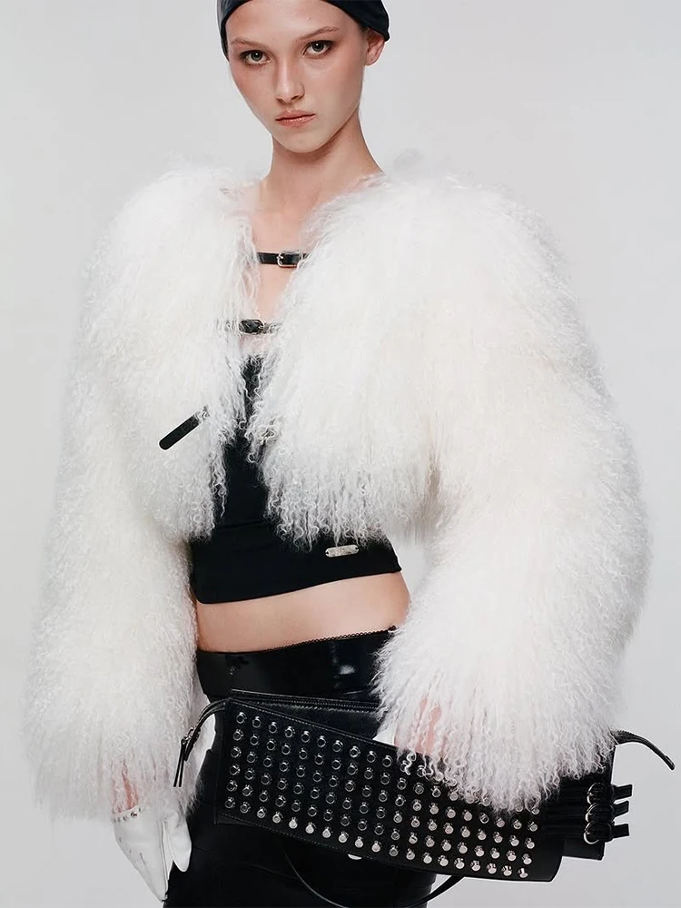 

Nibber Hipster Classic Fur Jacket Women Solid Elegant Warm Winter Belt Buckle Banquet Party Wild Street Open Collar Crop Coat