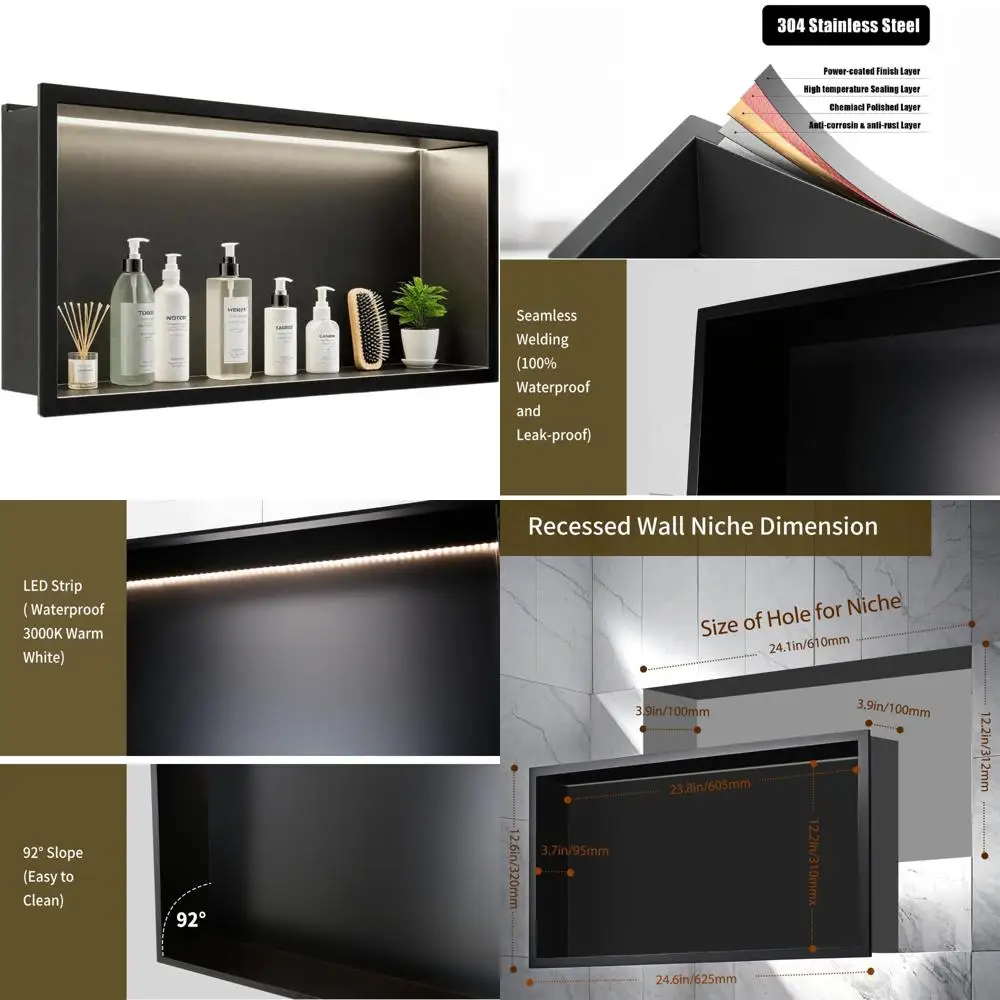 

Stainless Steel LED Illuminated Shower Niche, 24x12, No Tile Required, Recessed Wall Shelf for Bathroom Storage in Matte Black