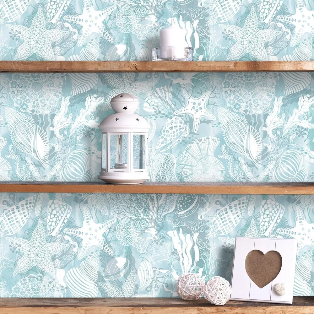 ورق جدران كوستالي أزرق وأبيض بتصميم صدف ونجمة وأسماك - جدار سهل اللصق وقشر بطابع المحيط المسبق