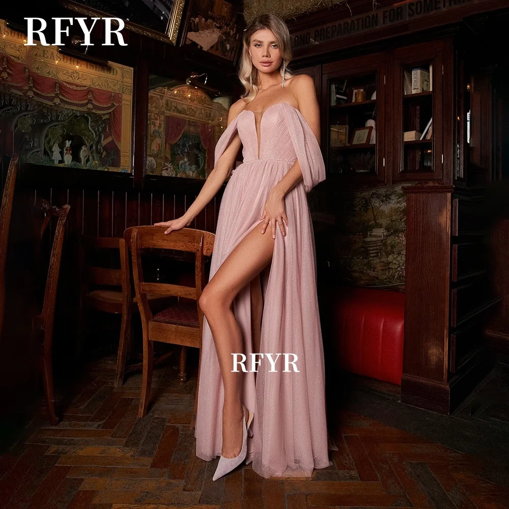 Rfyr vestido de baile com ombro de fora, linha, chiffon, pregas, princesa, fenda alta, vestido de festa formal para mulheres árabes, personalizado
