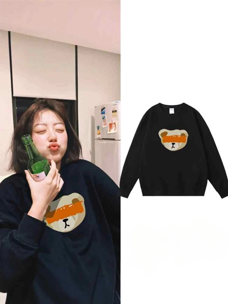

Black Crew Neck Hoodie Female Autumn Winter Bear Loose Thick Couple Top High Quality Pure Cotton Winter Clothes Women