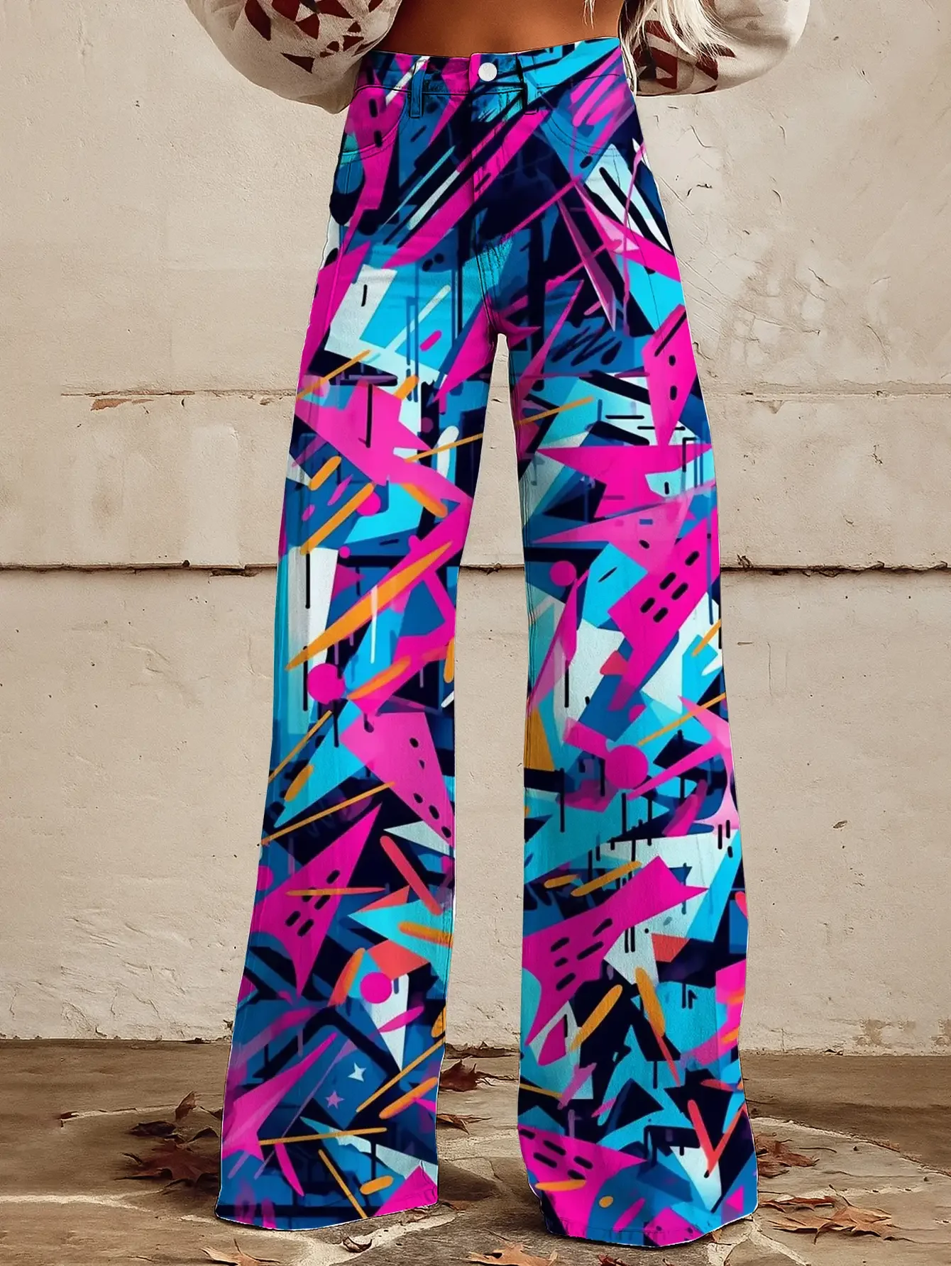 Women's 3D Print Geometric Pattern Wide Leg Denim-Style Jeans - Lightweight Casual Pants,Vintage style suitable for all seasons