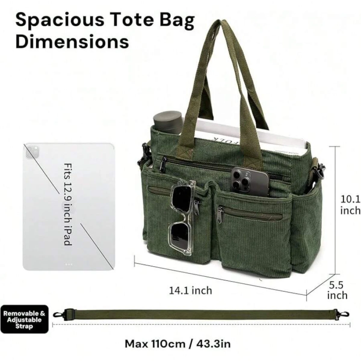Women's Corduroy Tote Bag with Multiple Compartments |   Olive Green Handbag with Adjustable Crossbody Strap |   Everyday Essential for Work, Shopping & Travel