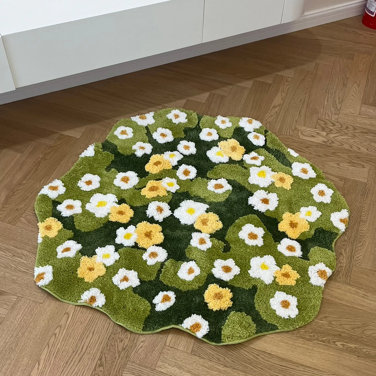 Daisy Tufting Moss Bathroom Mat Soft Bedroom Rug Meadow Green Plants Living Room Carpet Bedside Floor Pad Aesthetic Home Decor