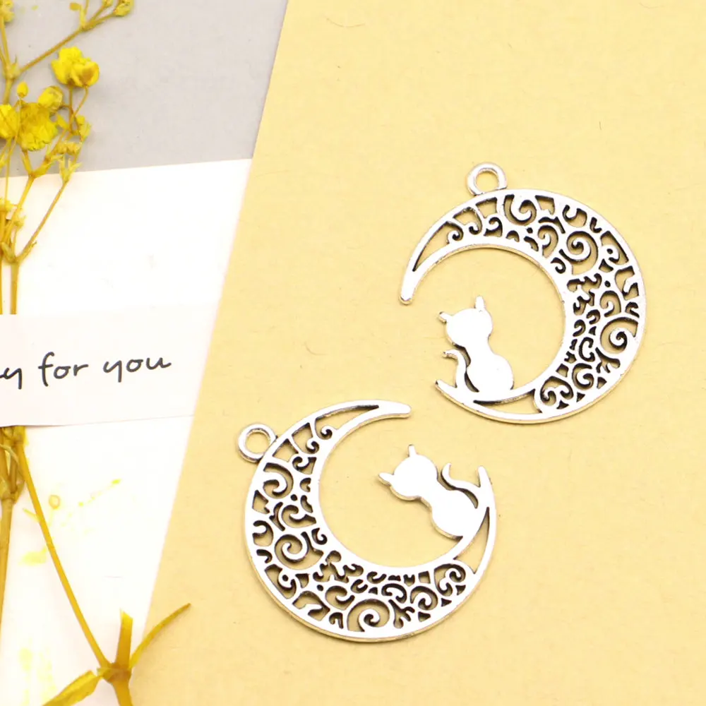 5pcs 25x30mm Moon Cat Charms Jewelry Making Pendant Craft Cute Jewelry Antique Silver Color