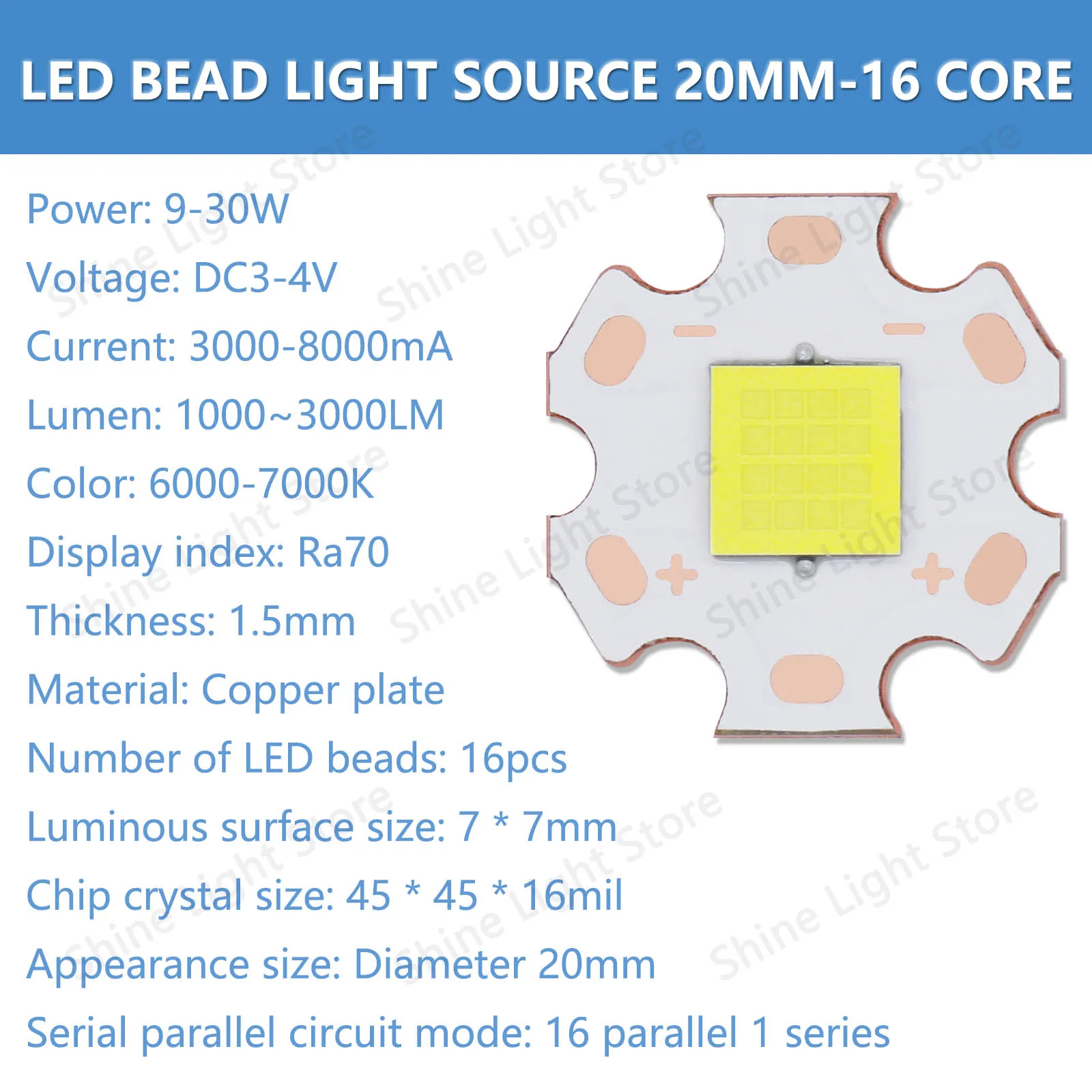 LED Beads Light Source 20mm 9W 10W 15W 20W 25W 30W DC3-4V 16 Core Flashlight Car Light Motorcycle Bead Diode Accessories DIY