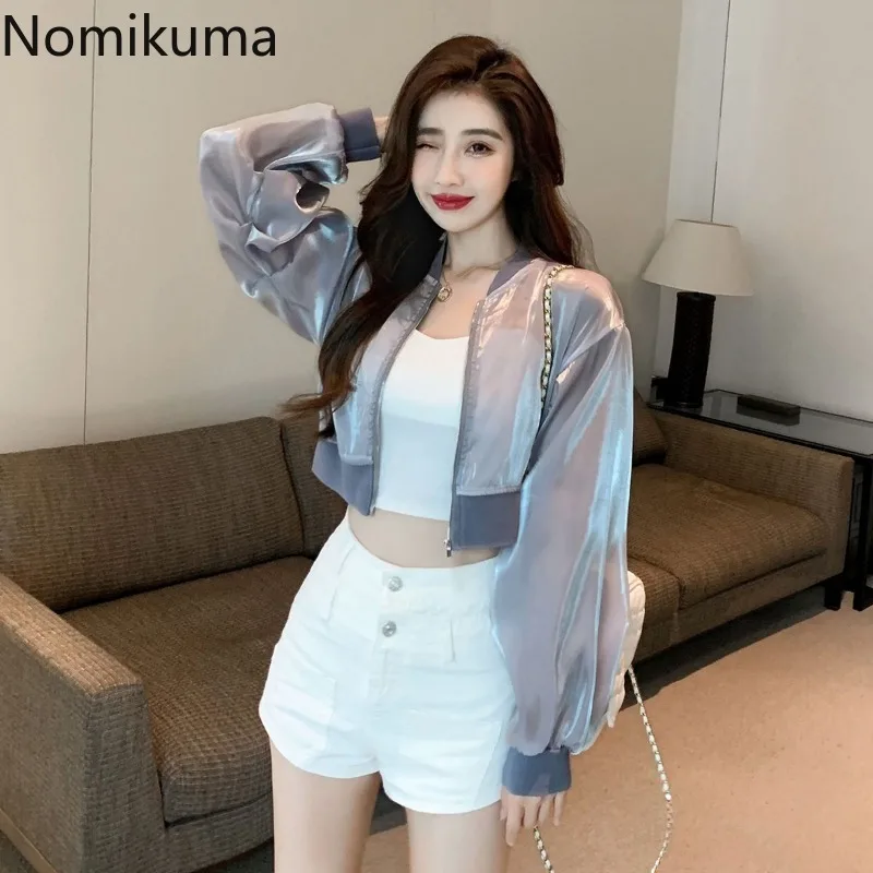 Streetwear Summer Women Jackets Stand Neck Long Sleeve Zipper Y2k Tops 2024 Ropa Mujer Fashion See Through Casual Crop Coat