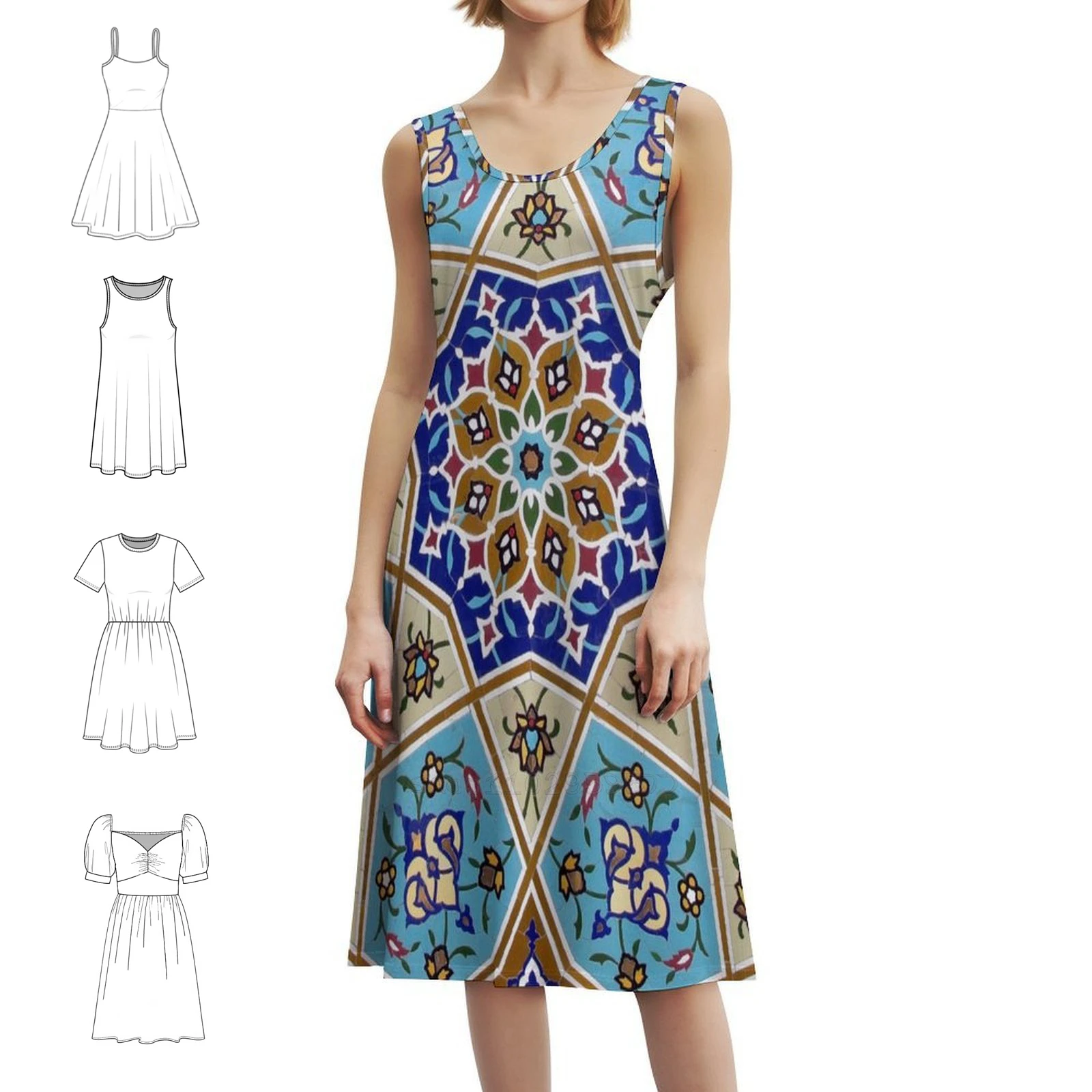 

Persian Ceramic Design 44 Preppy Style Mini Dress For Women A-Line Loose Fit Casual Day Dress Iranian Ceramic Islamic Art
