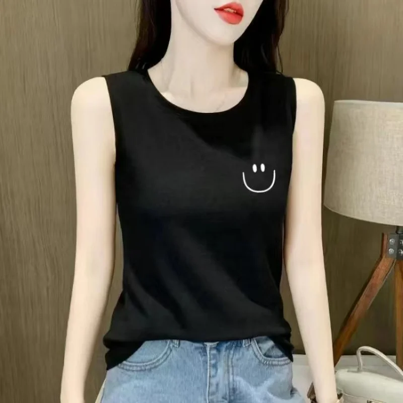 New Summer Fashion Elegant Simple Cotton Sleeveless T-shirt Women Solid Printing Round Neck Sexy Slim Fit Versatile Top 2024