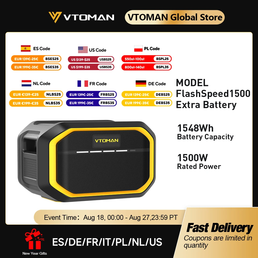 VTOMAN FlashSpeed1500 Batería adicional 1548Wh para central eléctrica VTOMAN FlashSpeed1000/FlashSpeed1500 con 1500W (pico de 3000W)