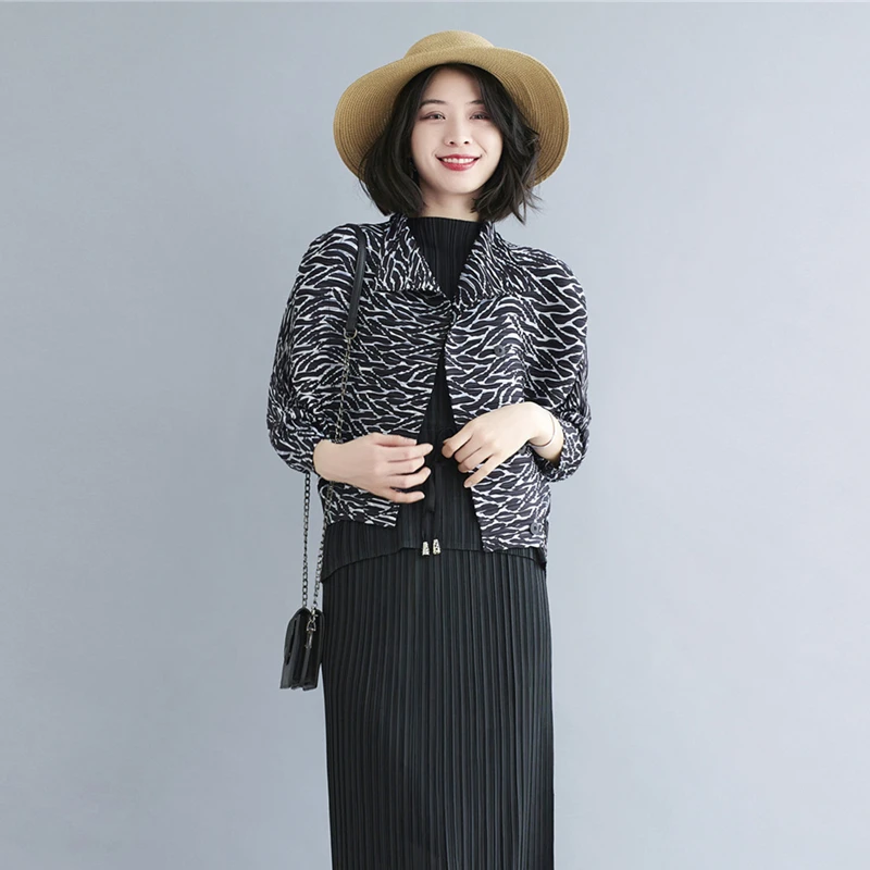 Women Jacket Coats Miyak Pleated Fashion Print Loose Large Size High Street Spring/Autumn Single-breasted Outerwear & Coats