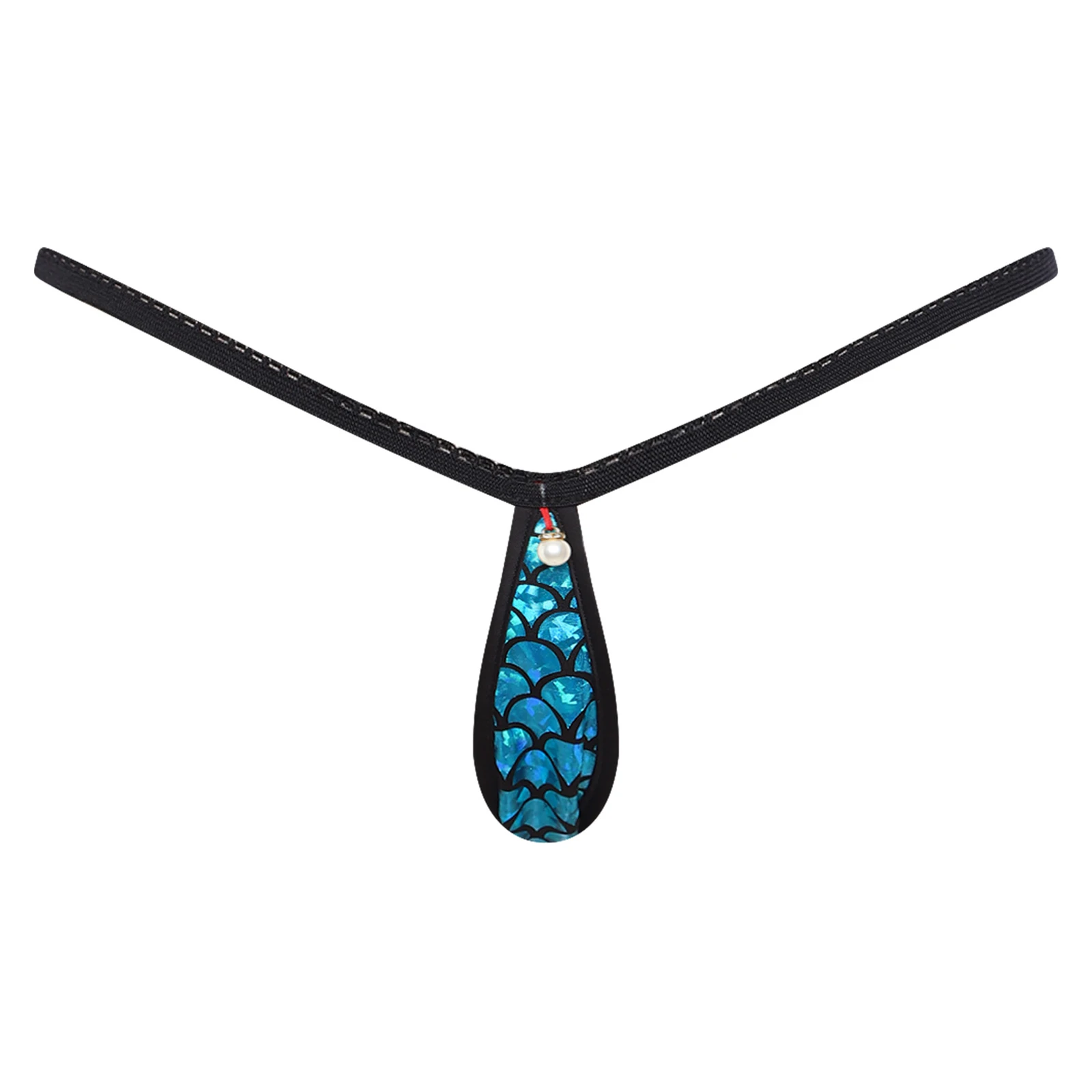 

Womens Fishscale Print Metallic Shiny Bikini Briefs Faux Pearl Pendant T-back Spaghetti Waistband Mini Panties Underwear
