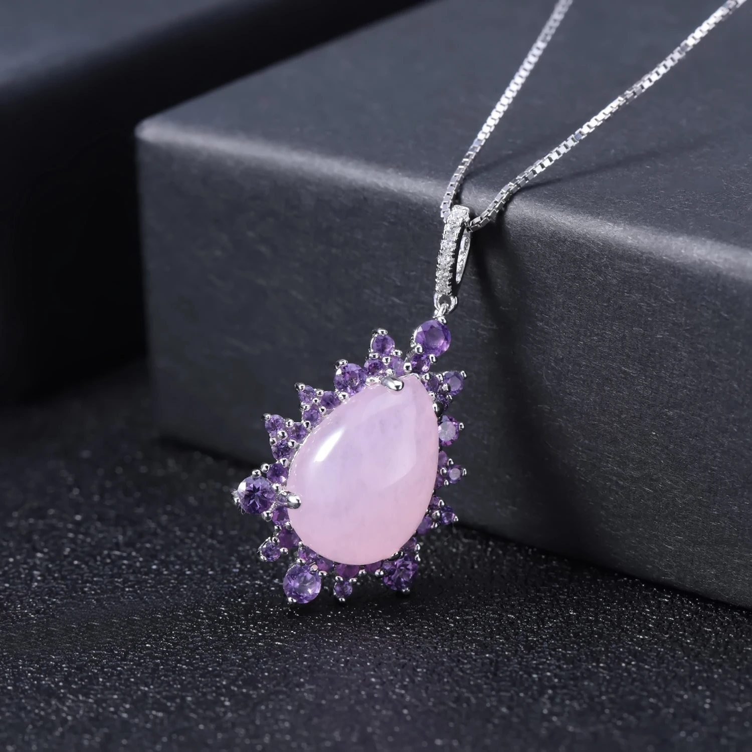 GEM'S BALLET 925 Sterling Silver Gemstone Necklace Nautral Pink Calcedony Luxury Bridal Statement Necklace Pendant Gift for Her