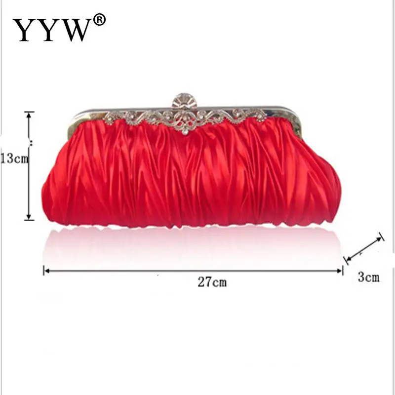 Pleated Satin Rhinestone Clutch Bag Solid Color Women Handbag Bridal Wedding Party Evening Messenger Purse Shoulder Chain Bag