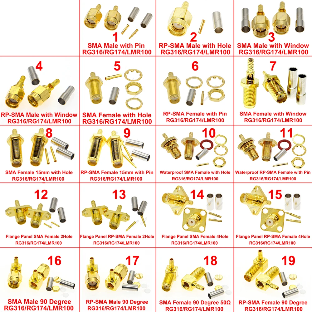 2PCS/lot SMA Connector Crimp RG174/RG316/LMR100 Cable Gold Plated Window RPSMA-J Waterproof 90 Degree RF Connector High Quality