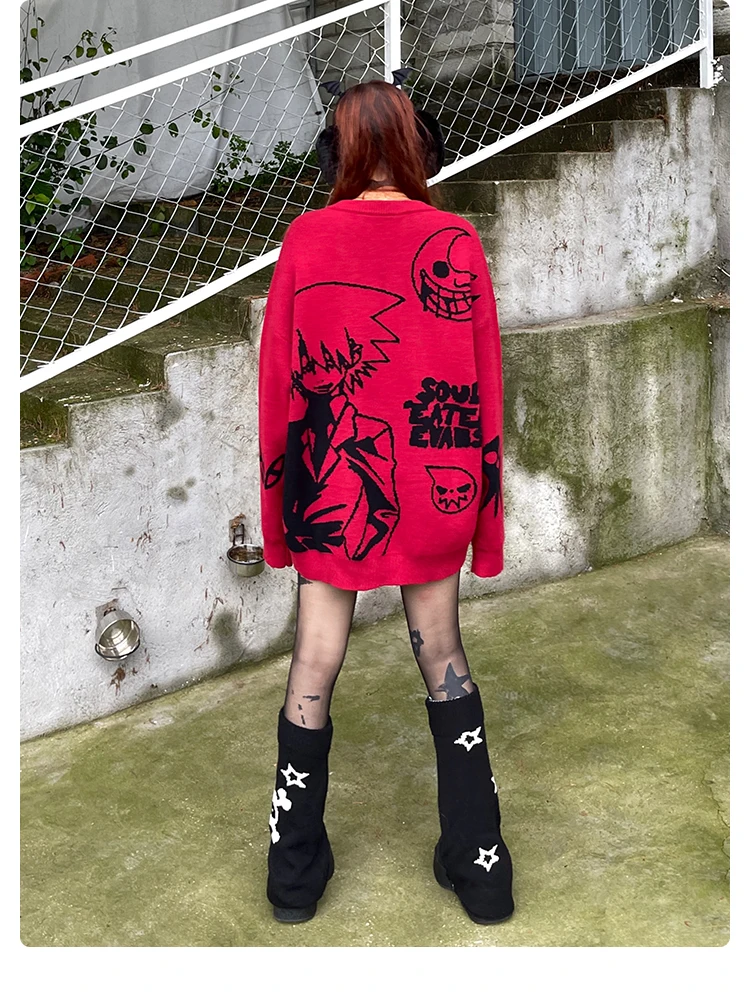 2024 Autumn Winter Y2k Women Jumper Sweater Harajuku Cartoon Knitted Red Sweater Men Loose Oversized Rock Hip Hop Rap Pullover