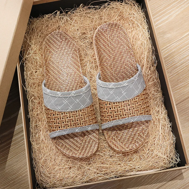 Weaving Rattan Grass Slippers, Breathable Wooden Flooring, Couple\'s Home, Linen Slippers, Female Indoor  Woven Bamboo Slippers