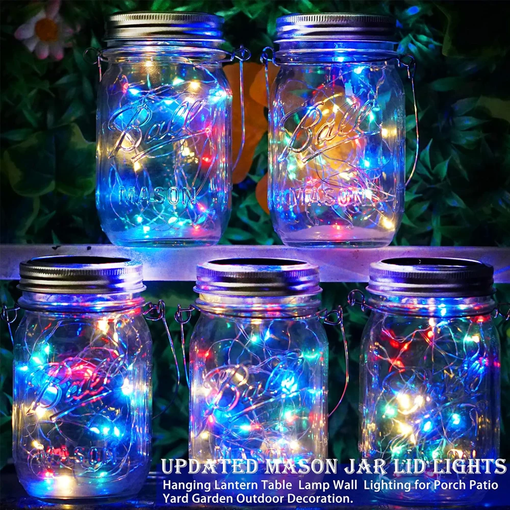 غطاء جرة ميسون بالطاقة الشمسية 20 مصباح LED سلسلة أضواء خرافية مع مقابض لحديقة معلقة فانوس فناء حفل زفاف (بدون جرة)