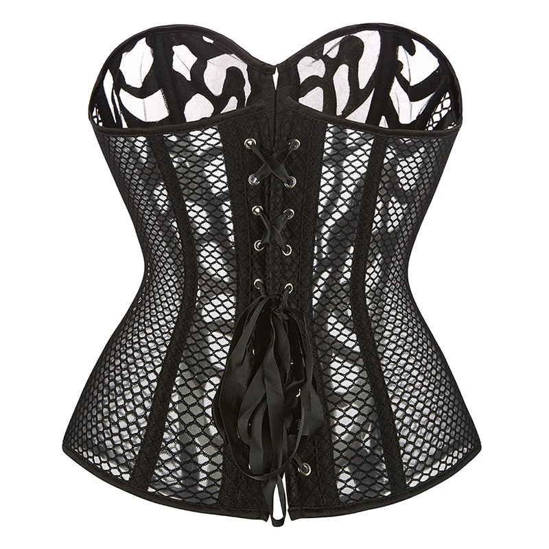 Women Steampunk Overbust Corset Hollow Out Mesh Waist Bustier Top Black White Gothic Corselet Basques