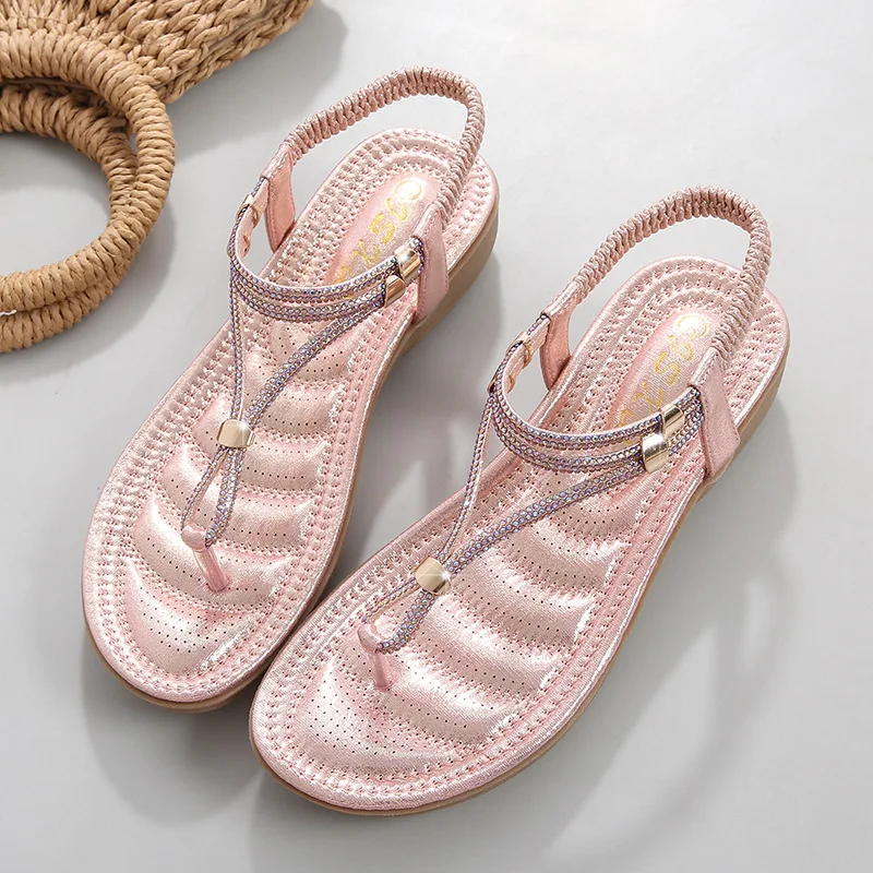 New Fashion Bohemia Women Sandles Luxury Rhinestone Outdoor Designer Wedge Shoes Women Flat Toe Sandals Ladies Beach Sandals