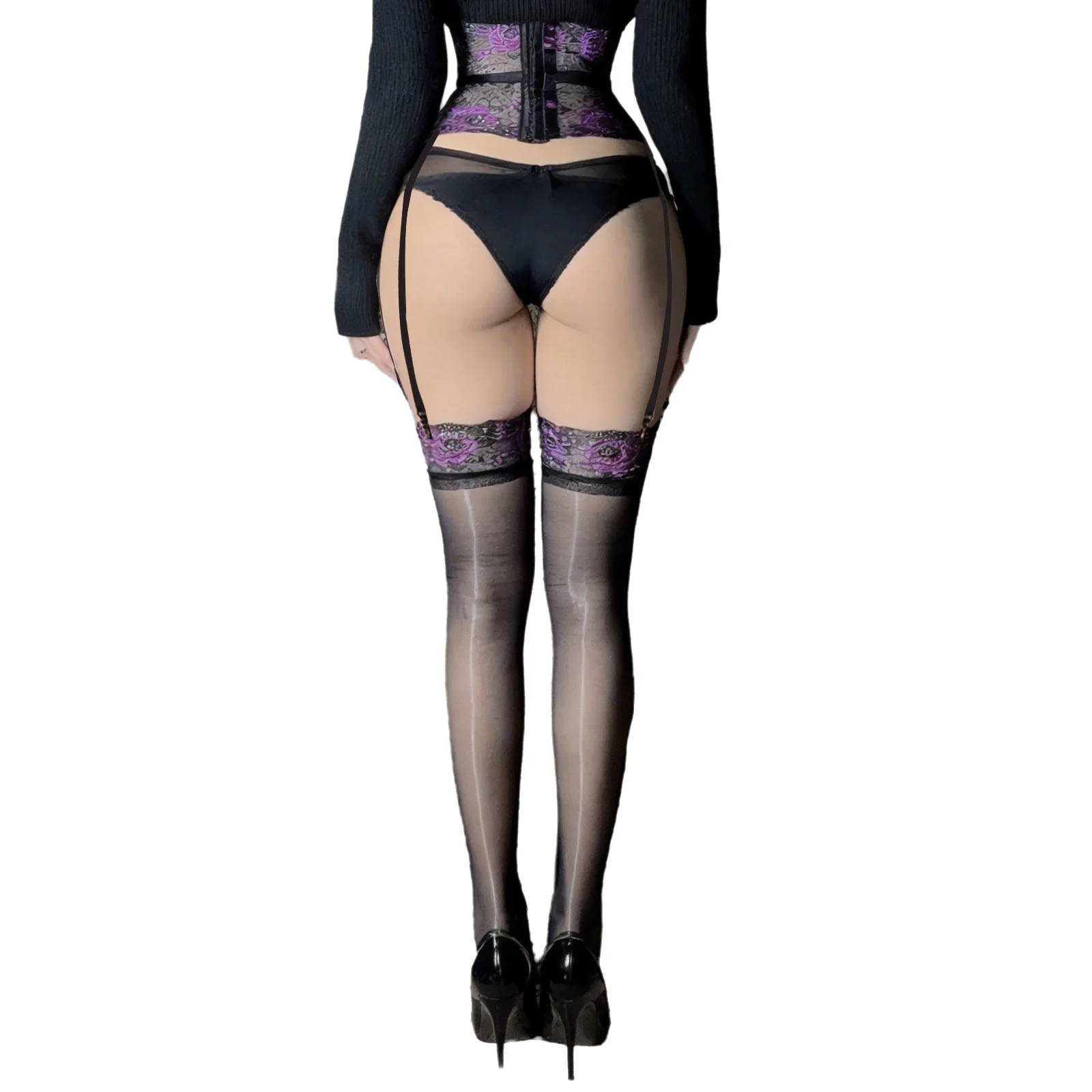 Womens Lingerie Floral Lace Fishbone Corset with Three Row Hook-and-eye Closure and Adjustable Garters Thigh High Stockings