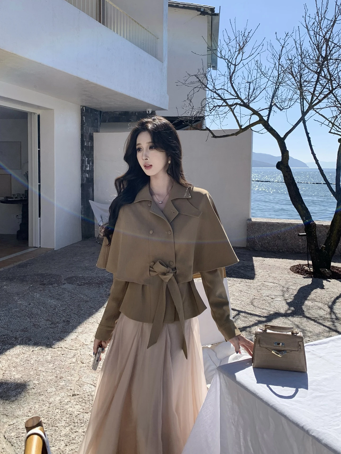 

Fashionable Short Coat by Onion Women's Spring 2026 Waist-Cinching Cloak Style Jacket Casual Loose Fit Long Sleeve Coat