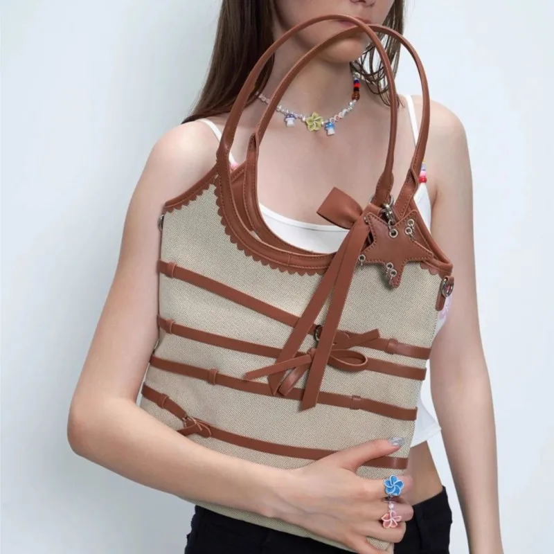 

JIAERDI Sweet Lovely Bow Woven Handbag Women Khaki Large Capacity Shoulder Bag Ladies Belt Wrap Decoration Underarm Bag 2025 New
