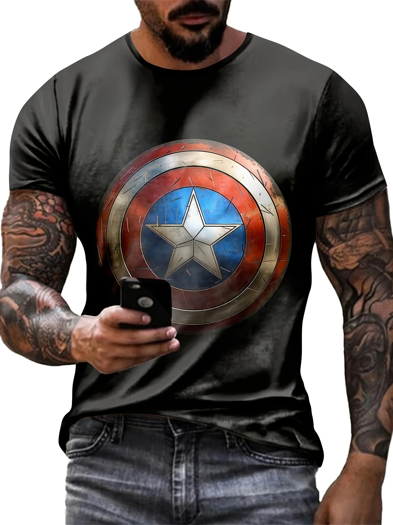 تي شيرت Marvel Men قصير الأكمام للبطل الخارق تي شيرت كابتن أمريكا المنتقم