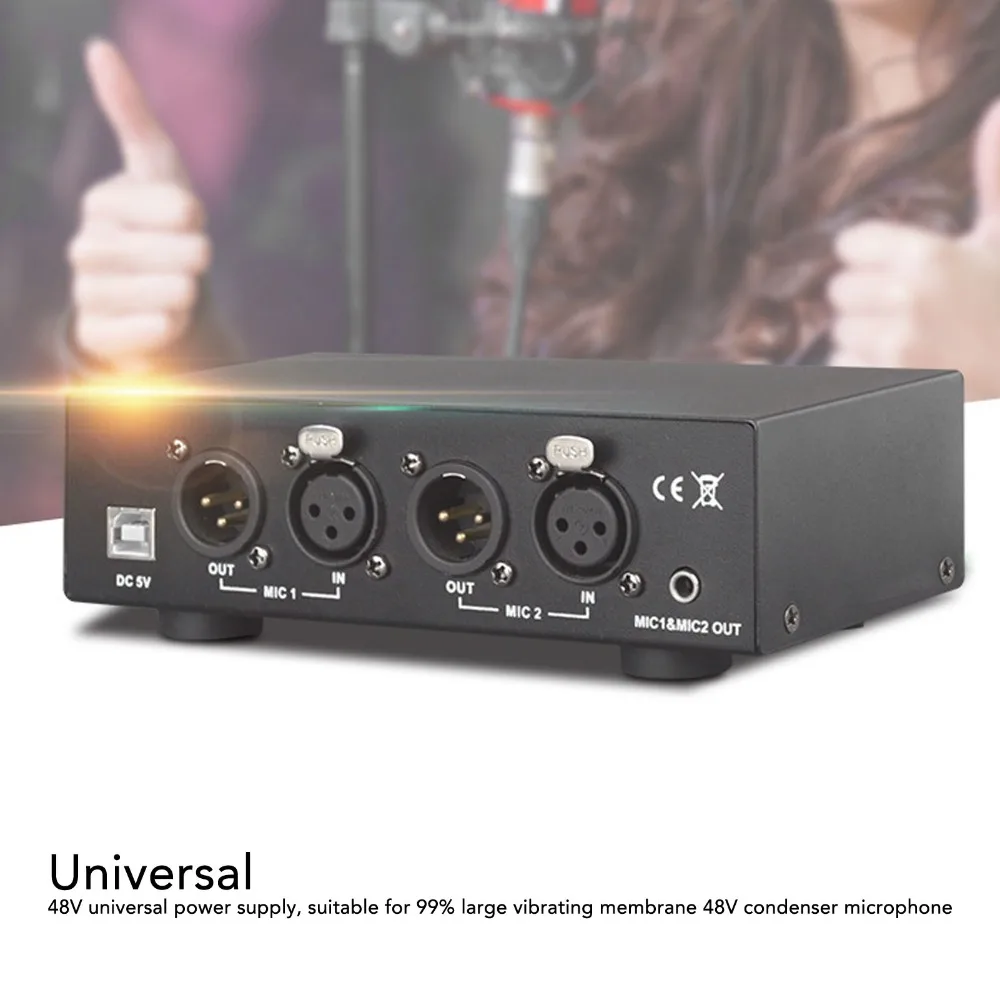 With XLR Cable 48V Phantom Power Supply Low Pass Filter High Stability Iron Shell Phantom Power 2 Channel Audio Equipment
