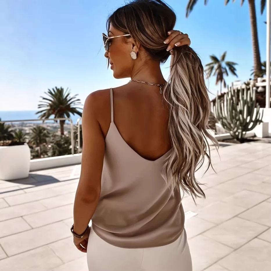 Sexy V-Neck Backless Wish Top Women's Summer Clothes Cross-Border Fashionable Shoulder Strap Regenerative Fabric Cotton Citywalk