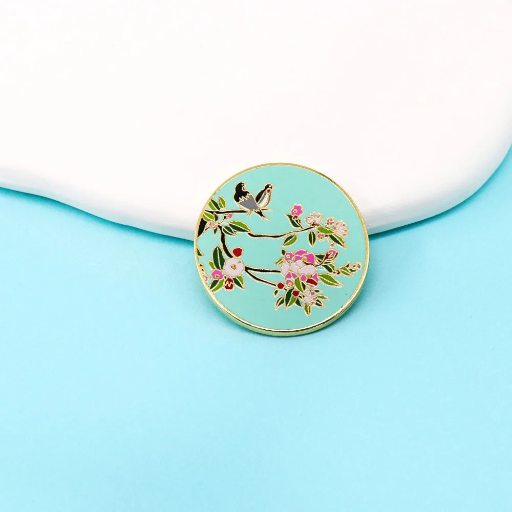 Chinese ancient style landscape flowers Blossom birds magpies in pairs graffiti good wishes happiness metal enamel brooch badge