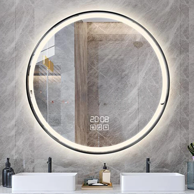 White Round Bathroom Mirror Led Light Bluetooth Cleaning No Fog Bathroom Mirror Vanity Custom Espejo Pared