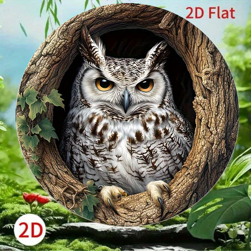 2D Flat – Vintage-Eulen-Wandkunst-Dekor – 20,3 x 20,3 cm großes Metallschild mit vorgebohrten Löchern, wasserfester HD-Druck, rustikales Aluminiumschild f