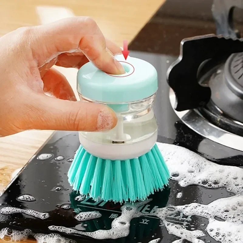 

Kitchen Cleaning Brush Pot Dish Brush with Washing Up Liquid Soap Dispenser 2 in 1 Long Handle Dishwashing Brush