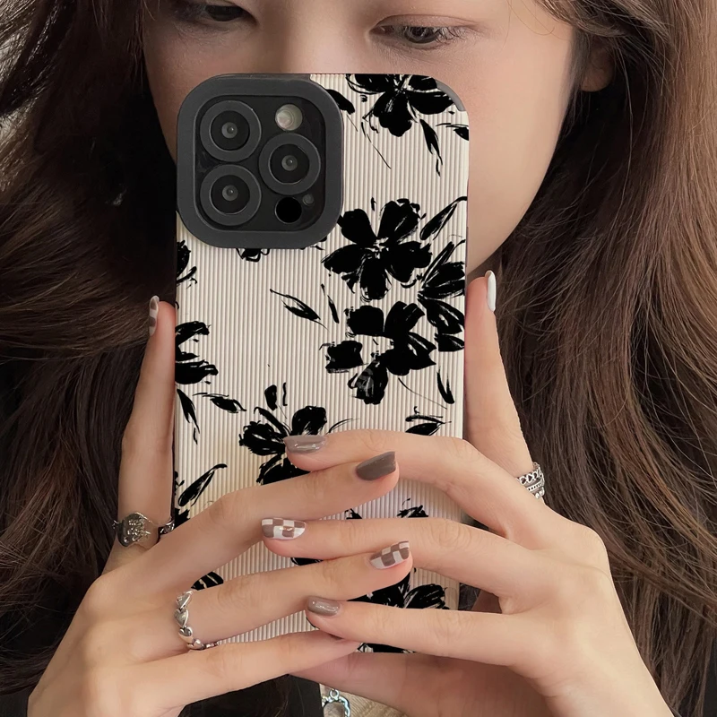 Retro Simple Ink Painting Flowers Case For iPhone 15 14 13 12 11 Pro Max 15 14plus 12 13Mini X XR XS Max 7 8Plus Soft Back Cover