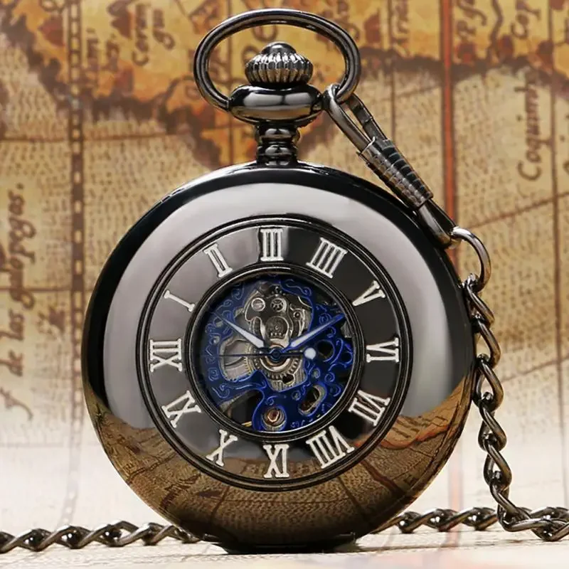 Retro Hollow Case Pocket Watch Men Women Hand-winding Mechanical Clock Roman Numerals Display Pendant FOB Chain Relgio de bolso