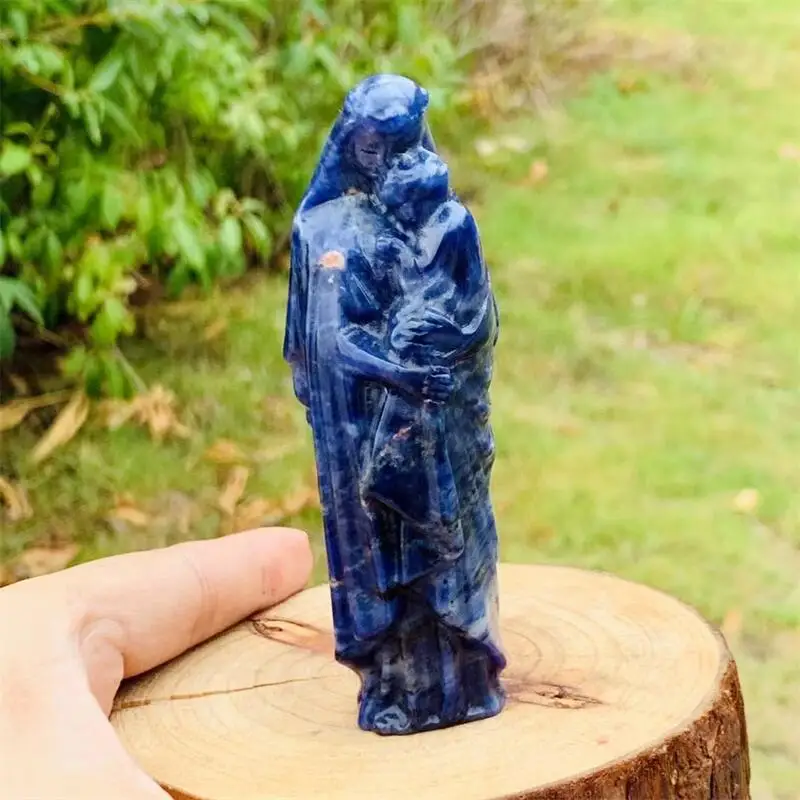 10CM Natural Blue Sodalite Madonna Carving Handmade Carved Crafts Figurine Healing Ornament Room Decor 1PCS