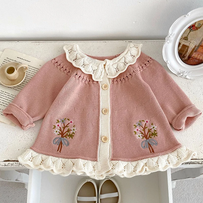 Autumn Spring Newborn Baby Girls Sweater Coat Long Sleeved Knitted Floral Embroidery Toddler Baby Girl Knitting Cardigan