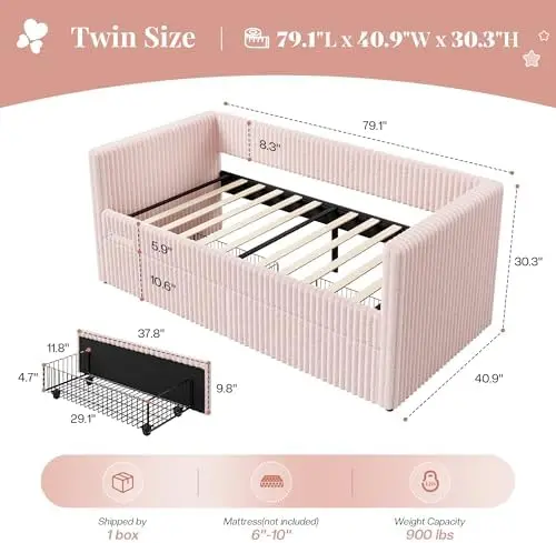 Twin Faux Fur Upholstered Daybed with Storage Drawers, Pink | Twin Size Day Bed Frame, Side Pocket, Charging &