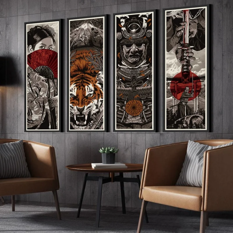Japanese Ukiyo-e Style 4-Panel Canvas Poster Tiger Samurai Geisha Painting Bar Wall Decor Modern Japanese Art Picture Print