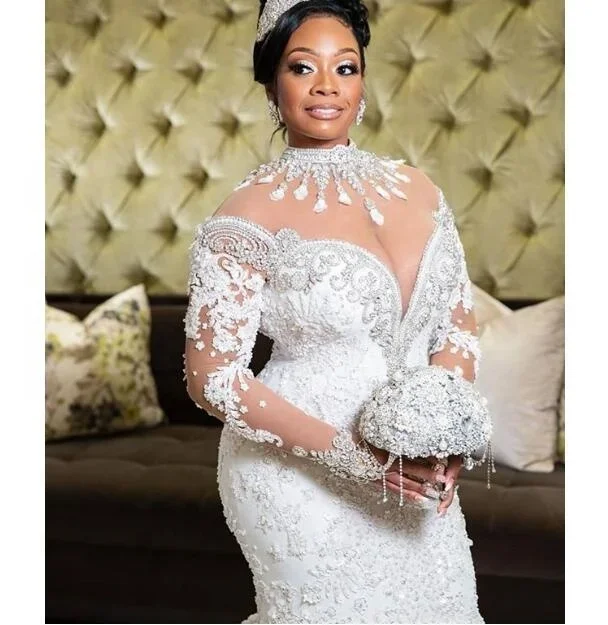 Customized Luxury Lace Hand High Neck Beaded Plus Size African Mermaid Custom Made Bridal Bride Wedding Dress