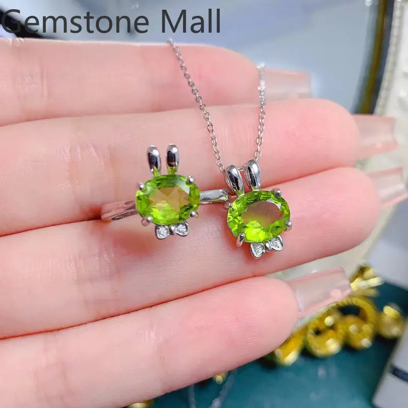 100% Natural Peridot Jewelry Set Total 5ct Peridot Ring and Necklace Pendant 925 Silver Jewelry with 3 Layers 18K Gold Plating