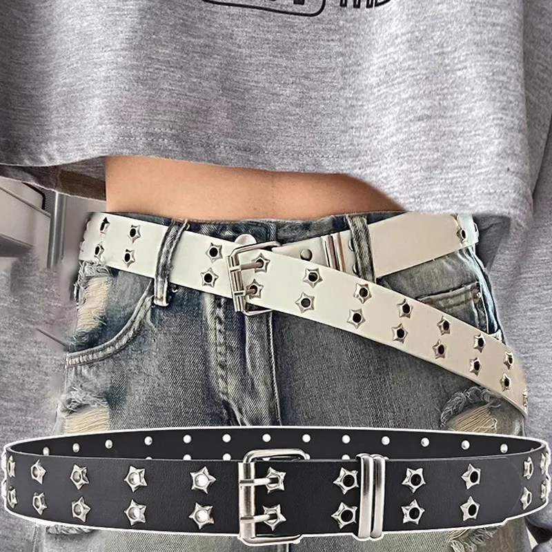 Waist Belt Y2K Punk Rivet Leather Belts Women Men Star PU Black White Waist Strap Double Row Hollow Jeans Skirt Decoration Gifts