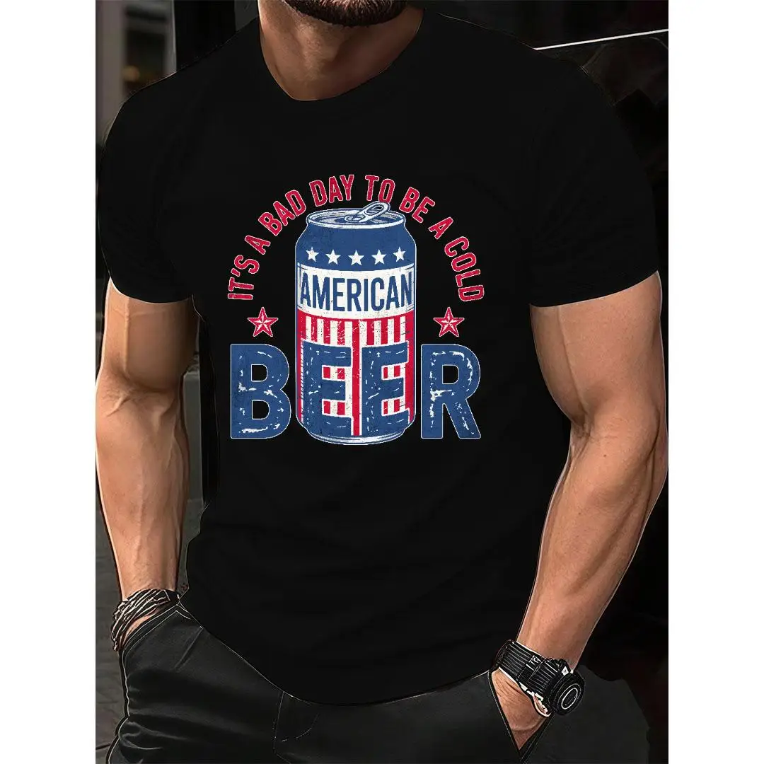 

American Beer Graphic T-Shirt – Funny Summer Drinking Tee for Men, BBQ Party USA Style Top, Red White Blue Humor Shirt