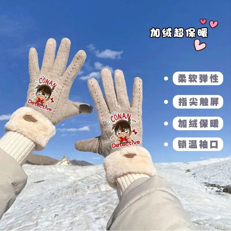 New Conan Animation Cartoon Cute Student Warm Plus Velvet Thickened Outdoor Cycling Essential Touch Screen Gloves Christmas Gift