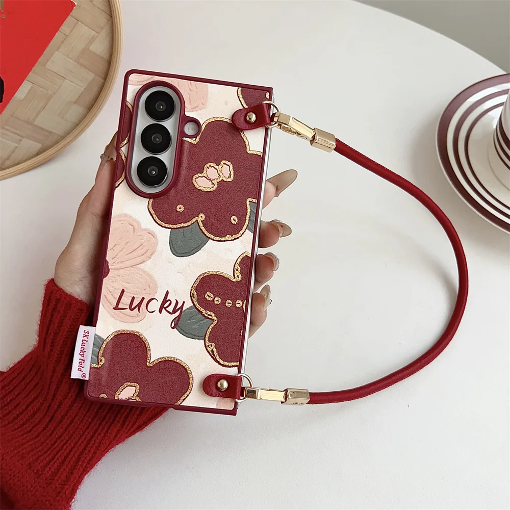 Handbag Style Lucky Flowers PU Leather Case for Samsung Galaxy Fold 7/Fold 6/Fold 5/Fold 4/Fold 3/W25 Lanyard Protective Cover