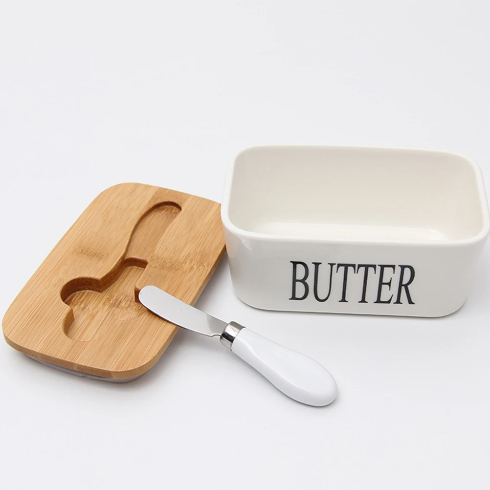 

Butter Box Nordic Style Ceramic Container Storage Tray Dish Cheese Food Tool Kitchen Keeper Sealing Plate with Wood Lid and Cutt