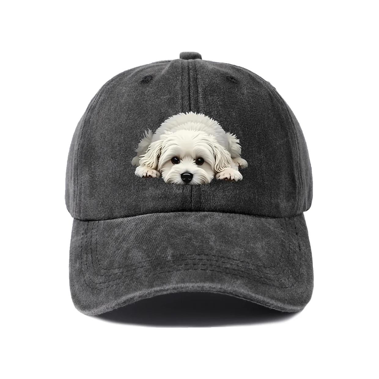 Peeking White Puppy Graphic Baseball Cap, Vintage Washed Adjustable Unisex Dad Hat, Casual Gift